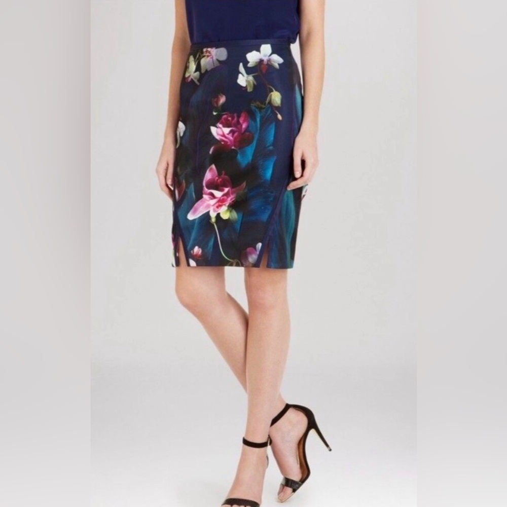Ted Baker Navy Floral Orchid Print Pencil Skirt